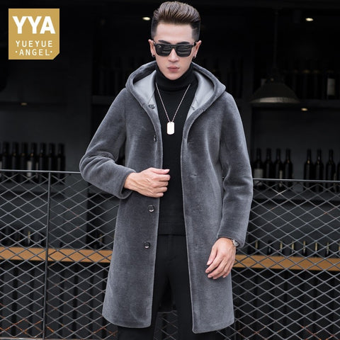 Luxury Shearling Men Overcoat Business Casual Slim Real Fur Sheep Shearing Hooded Long Coat Brand Winter Blazer Coat Plus Size