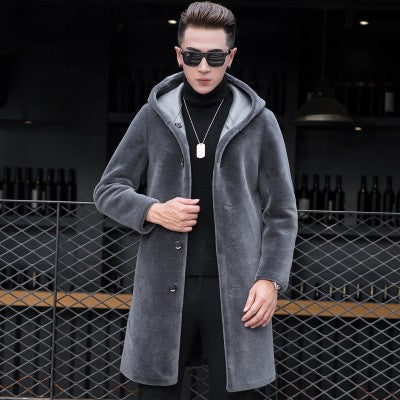 Luxury Shearling Men Overcoat Business Casual Slim Real Fur Sheep Shearing Hooded Long Coat Brand Winter Blazer Coat Plus Size