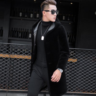 Luxury Shearling Men Overcoat Business Casual Slim Real Fur Sheep Shearing Hooded Long Coat Brand Winter Blazer Coat Plus Size