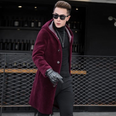 Luxury Shearling Men Overcoat Business Casual Slim Real Fur Sheep Shearing Hooded Long Coat Brand Winter Blazer Coat Plus Size