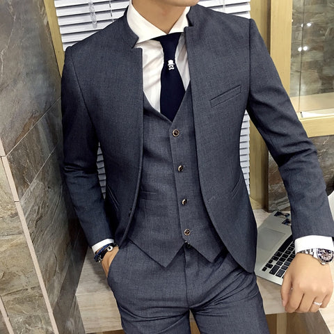 3-piece Suits Men 2019 Standing Collar Suit Jacket Unique Designer Slim Blazer Vintage Chaquetas Hombre De Vestir Business Dress