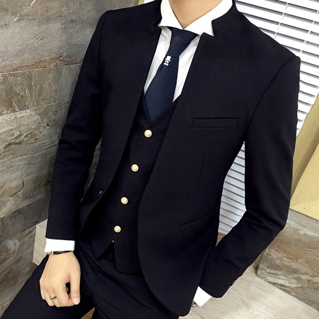 3-piece Suits Men 2019 Standing Collar Suit Jacket Unique Designer Slim Blazer Vintage Chaquetas Hombre De Vestir Business Dress