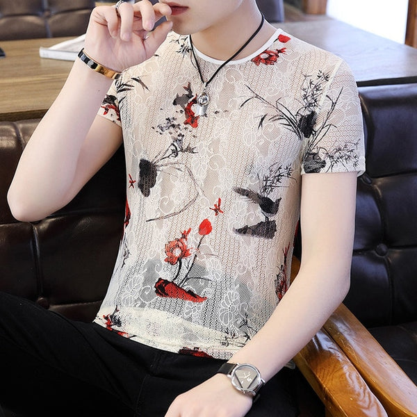 2020 New Men's Printed hollow out t shirt Male Mesh Transparent Floral Short Sleeve t shirts Men Summer Casual tshirt Tops M-3XL