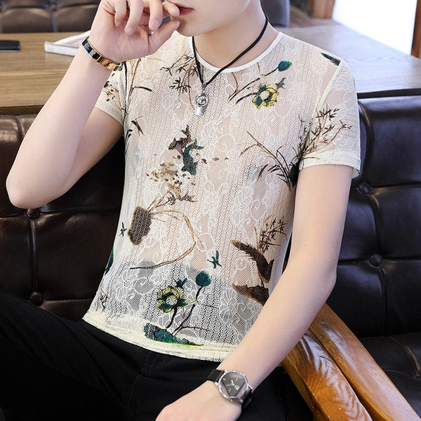 2020 New Men's Printed hollow out t shirt Male Mesh Transparent Floral Short Sleeve t shirts Men Summer Casual tshirt Tops M-3XL