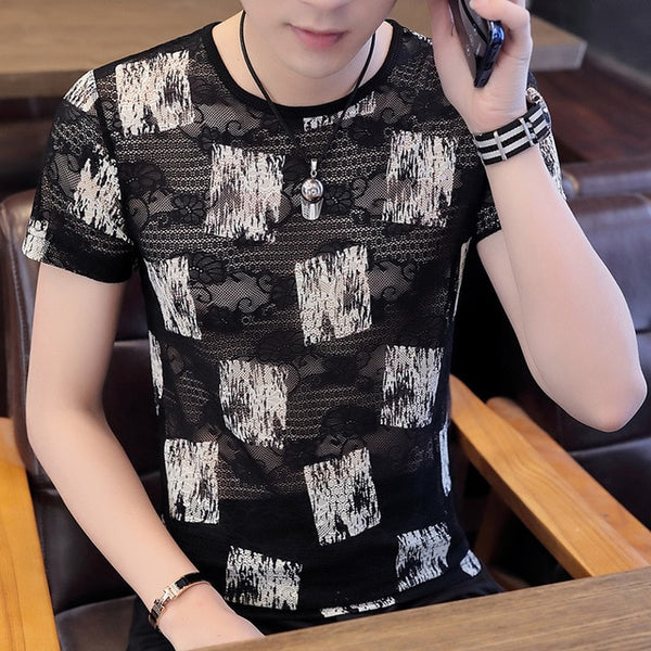 2020 New Men's Printed hollow out t shirt Male Mesh Transparent Floral Short Sleeve t shirts Men Summer Casual tshirt Tops M-3XL