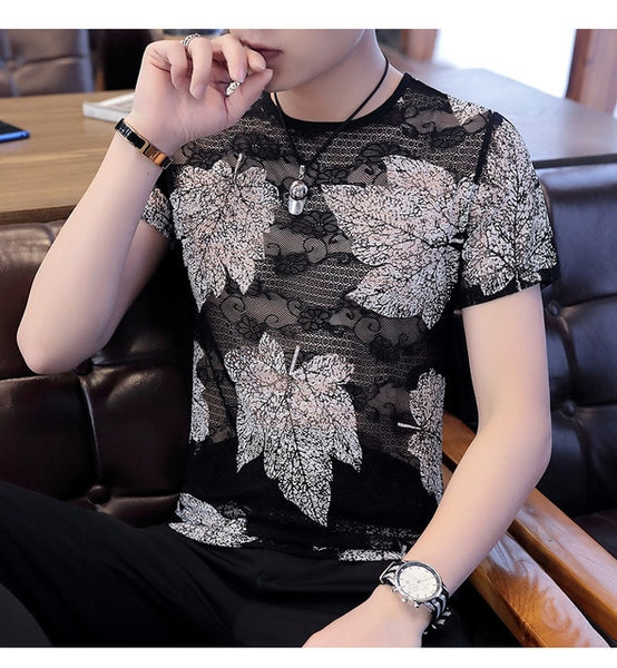 2020 New Men's Printed hollow out t shirt Male Mesh Transparent Floral Short Sleeve t shirts Men Summer Casual tshirt Tops M-3XL