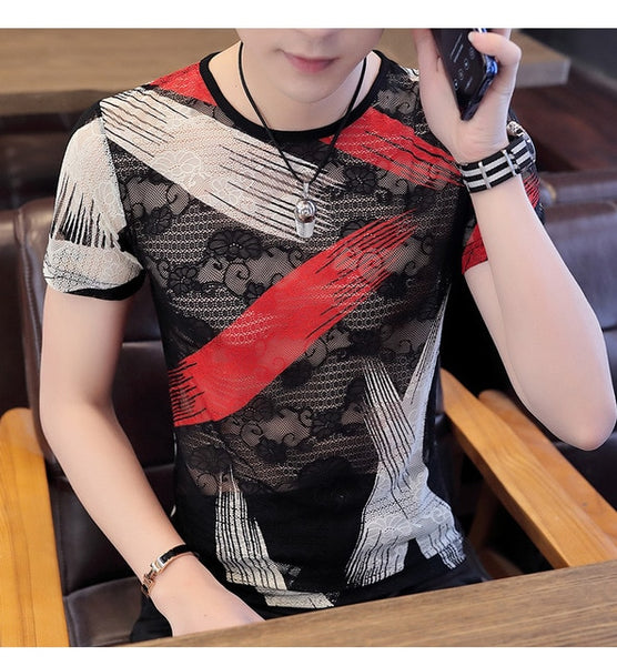 2020 New Men's Printed hollow out t shirt Male Mesh Transparent Floral Short Sleeve t shirts Men Summer Casual tshirt Tops M-3XL